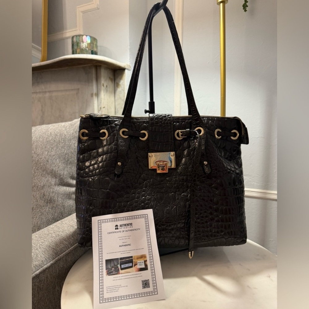 JIMMY CHOO Vintage Rhea Dark Brown Crocodile-Embossed Patent Leather Tote Bag
